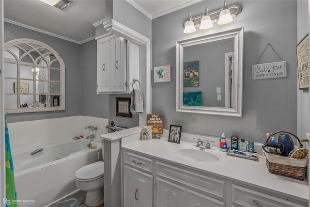 103 Maple Leaf Ln, Haughton, LA 71037 - full bathroom featuring toilet, vanity, visible vents, crown molding, and a garden tub