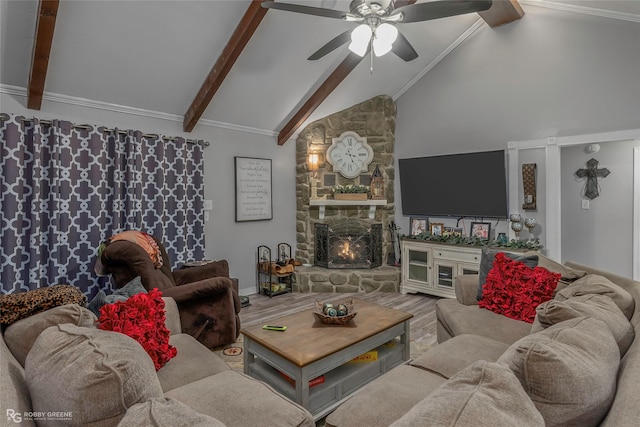 103 Maple Leaf Ln, Haughton, LA 71037 - living room featuring beamed ceiling, high vaulted ceiling, ceiling fan, and wood finished floors