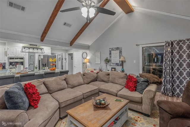 103 Maple Leaf Ln, Haughton, LA 71037 - living room featuring visible vents, a ceiling fan, and beamed ceiling