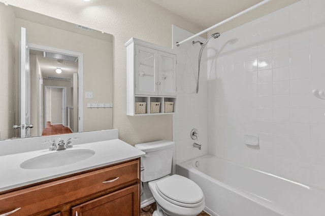 full bathroom featuring shower / bath combination, vanity, toilet, and visible vents