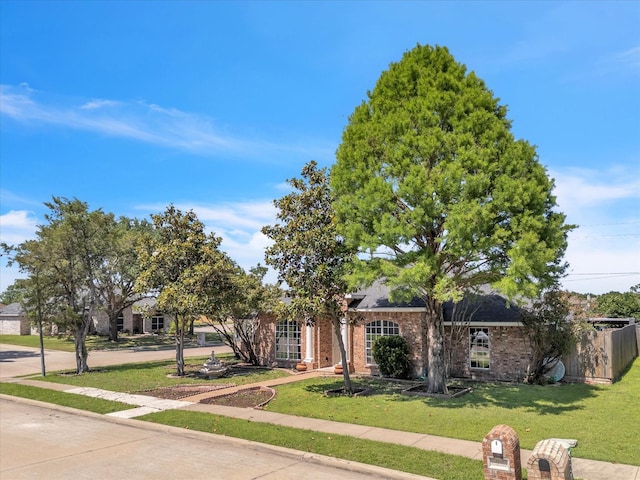 obstructed view of property with a front yard and brick siding