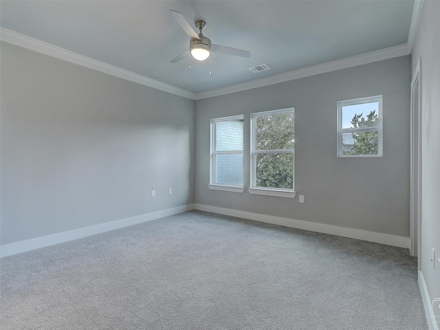 3356 Norris St, Plano, TX 75074 - carpeted spare room featuring ceiling fan, ornamental molding, baseboards, and visible vents