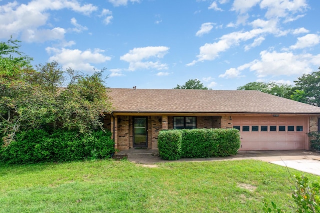 107 Russell Dr, Highland Village, TX 75077 - single story home with an attached garage, concrete driveway, a front yard, brick siding, and a shingled roof