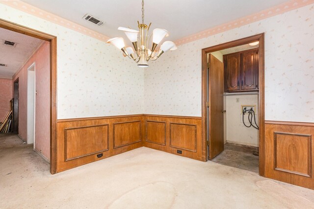 107 Russell Dr, Highland Village, TX 75077 - unfurnished dining area with a wainscoted wall, wallpapered walls, light carpet, a chandelier, and ornamental molding