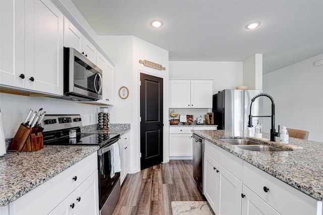 1600 Shadow Hawk Dr, Fort Worth, TX 76052 - kitchen with appliances with stainless steel finishes, a sink, white cabinets, light stone countertops, and dark wood-style flooring
