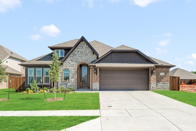 french country style house featuring a garage, stone siding, driveway, and brick siding