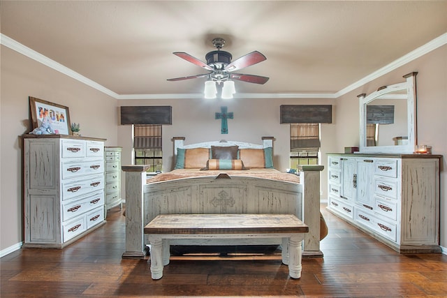 bedroom with crown molding, baseboards, dark wood-style floors, and a ceiling fan