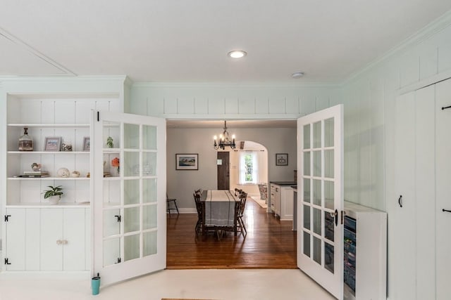 5107 Milam St, Dallas, TX 75206 - interior space with french doors, a chandelier, crown molding, and wood finished floors