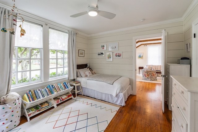 5107 Milam St, Dallas, TX 75206 - bedroom with ornamental molding, a ceiling fan, and wood finished floors