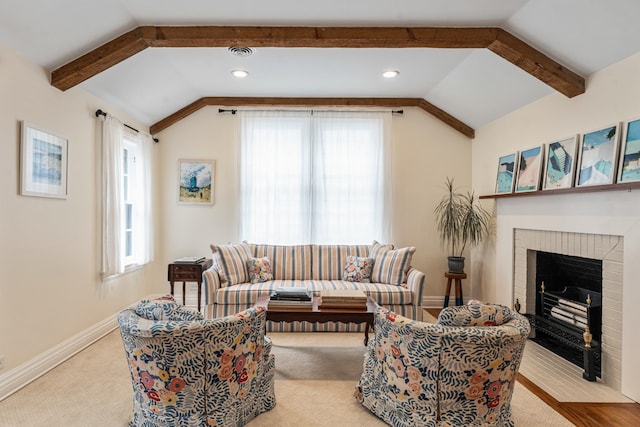 5107 Milam St, Dallas, TX 75206 - carpeted living area with recessed lighting, baseboards, visible vents, a brick fireplace, and vaulted ceiling with beams