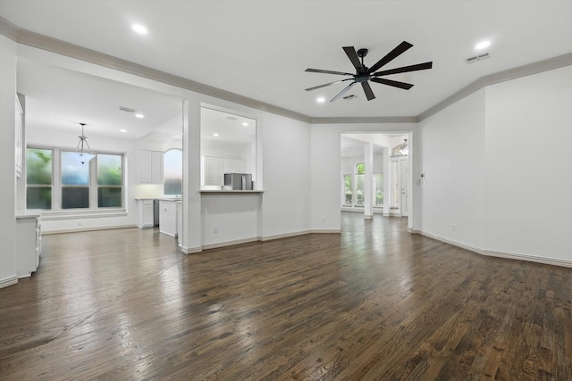 411 Deer Brooke Dr, Allen, TX 75002 - unfurnished living room featuring ornamental molding, a ceiling fan, dark wood finished floors, recessed lighting, and baseboards