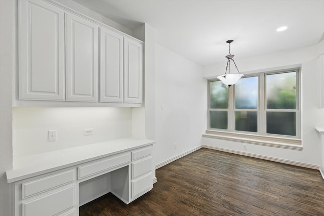 411 Deer Brooke Dr, Allen, TX 75002 - unfurnished office with built in desk, dark wood finished floors, recessed lighting, and baseboards