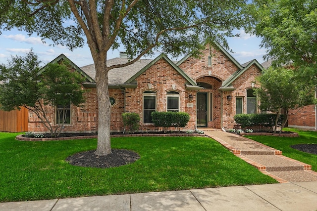 411 Deer Brooke Dr, Allen, TX 75002 - tudor-style house with brick siding, a front lawn, and roof with shingles