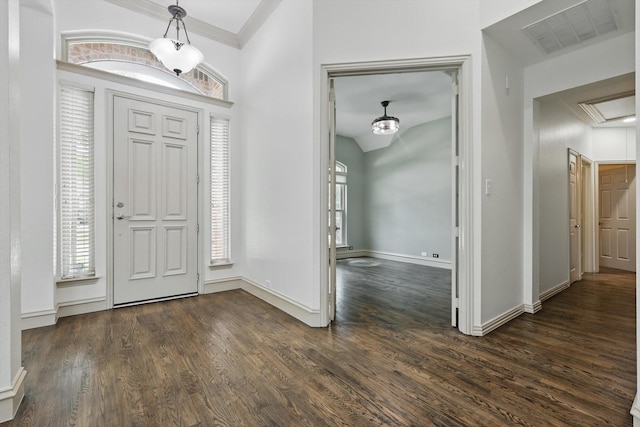 411 Deer Brooke Dr, Allen, TX 75002 - entryway with crown molding, dark wood-style flooring, and baseboards