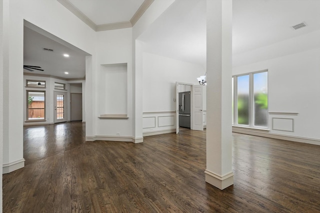 411 Deer Brooke Dr, Allen, TX 75002 - unfurnished living room featuring ornamental molding, a chandelier, dark wood-style flooring, and baseboards