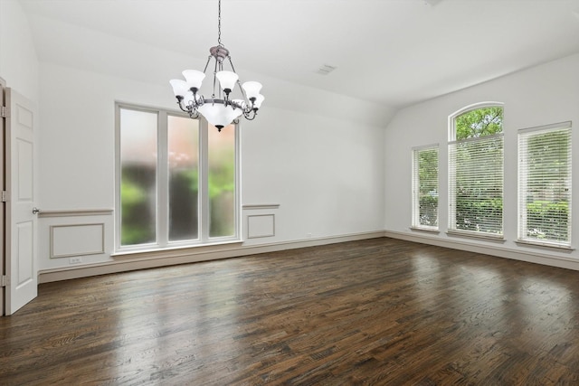 411 Deer Brooke Dr, Allen, TX 75002 - empty room featuring a chandelier, lofted ceiling, and dark wood finished floors