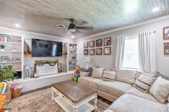 1773 Westview Dr, Abilene, TX 79603 - living room with ceiling fan, wood finished floors, ornamental molding, and wood ceiling