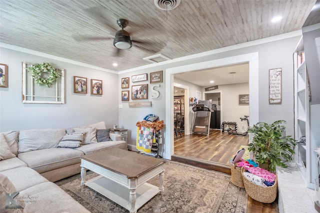 1773 Westview Dr, Abilene, TX 79603 - living room with a ceiling fan, wood finished floors, recessed lighting, ornamental molding, and wooden ceiling