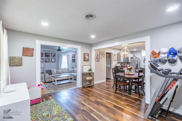 1773 Westview Dr, Abilene, TX 79603 - dining room featuring wood finished floors, a chandelier, recessed lighting, and a ceiling fan