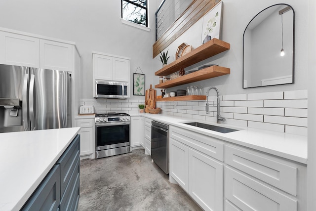 13533 Fm-1567 W, Brashear, TX 75433 - kitchen featuring appliances with stainless steel finishes, a sink, open shelves, white cabinets, and a towering ceiling