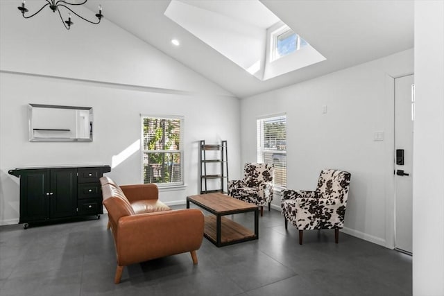 sitting room with a skylight, baseboards, high vaulted ceiling, and a notable chandelier