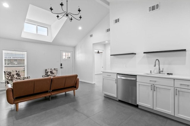 kitchen with dishwasher, light countertops, visible vents, and a sink
