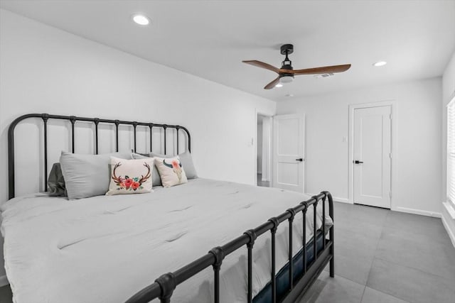 bedroom with baseboards, ceiling fan, and recessed lighting