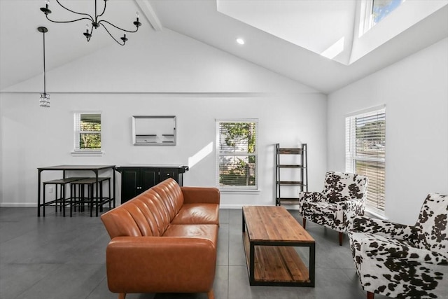 living area featuring baseboards, high vaulted ceiling, plenty of natural light, and beam ceiling