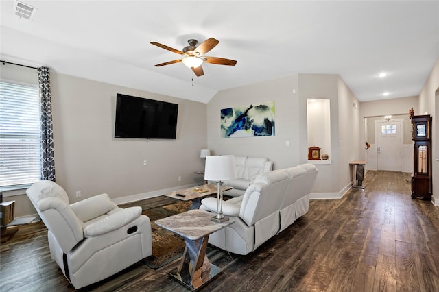 living area with a ceiling fan, dark wood finished floors, visible vents, baseboards, and recessed lighting