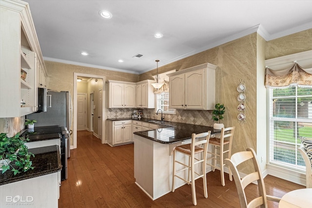 kitchen featuring a peninsula, a sink, open shelves, dark wood-type flooring, and stainless steel electric range oven