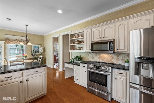 kitchen featuring tasteful backsplash, ornamental molding, open shelves, visible vents, and appliances with stainless steel finishes