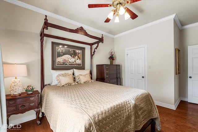 bedroom featuring crown molding, wood finished floors, baseboards, and a ceiling fan