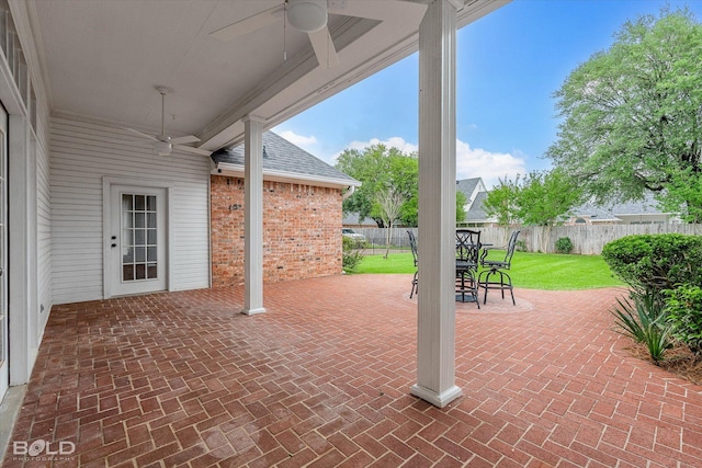 view of patio / terrace with a ceiling fan and a fenced backyard