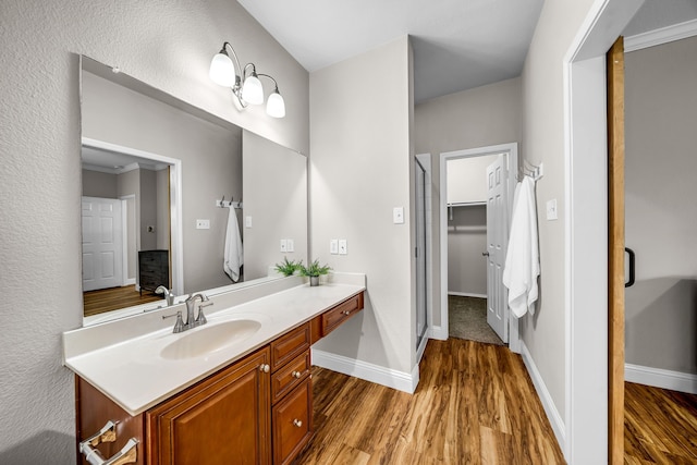 6224 Madrone Ct, Plano, TX 75074 - bathroom with wood finished floors, vanity, and baseboards