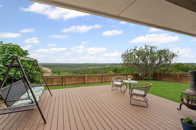 deck with a lawn and a fenced backyard