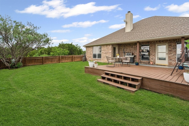 view of yard featuring a fenced backyard and a wooden deck