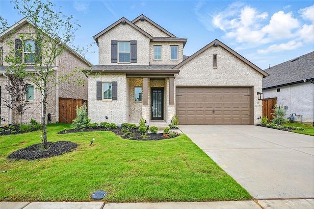 craftsman-style home with fence, an attached garage, brick siding, driveway, and a front yard