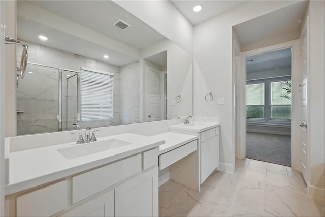 bathroom featuring recessed lighting, marble finish floor, visible vents, vanity, and a marble finish shower