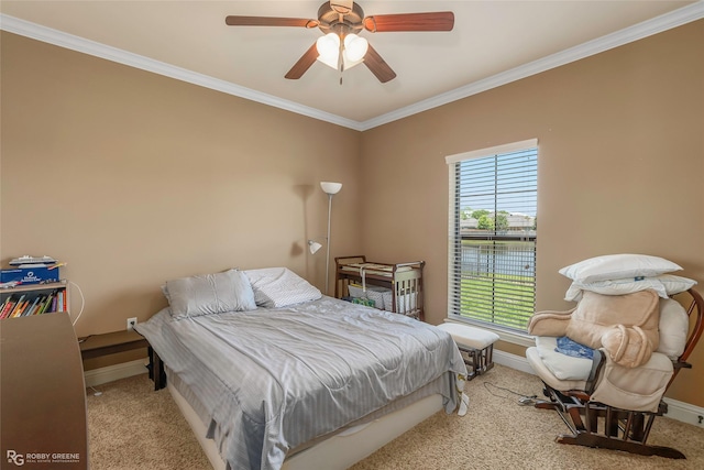 230 Welham Trce, Bossier City, LA 71112 - bedroom featuring carpet flooring, a water view, a ceiling fan, crown molding, and baseboards