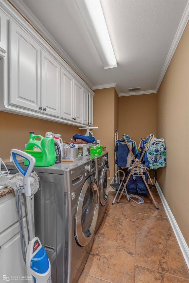 230 Welham Trce, Bossier City, LA 71112 - washroom featuring cabinet space, ornamental molding, visible vents, washing machine and dryer, and baseboards