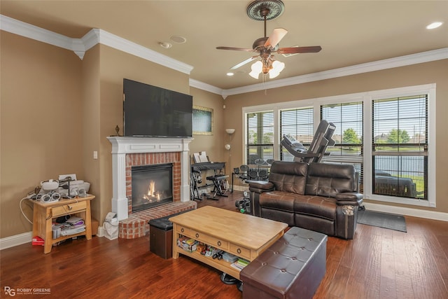 230 Welham Trce, Bossier City, LA 71112 - living room featuring a brick fireplace, baseboards, a ceiling fan, and wood finished floors