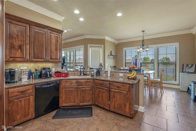 230 Welham Trce, Bossier City, LA 71112 - kitchen featuring a notable chandelier, black dishwasher, a sink, a peninsula, and crown molding