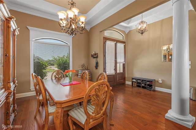 230 Welham Trce, Bossier City, LA 71112 - dining area featuring crown molding, a chandelier, wood finished floors, and ornate columns