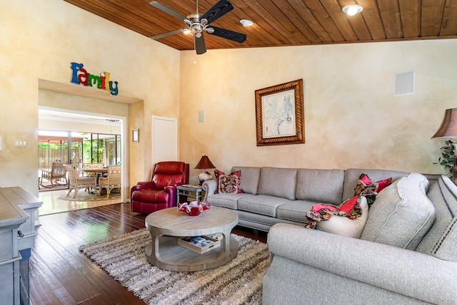 2204 Bridge View Ln, Plano, TX 75093 - living room with wooden ceiling, wood-type flooring, a ceiling fan, and a towering ceiling