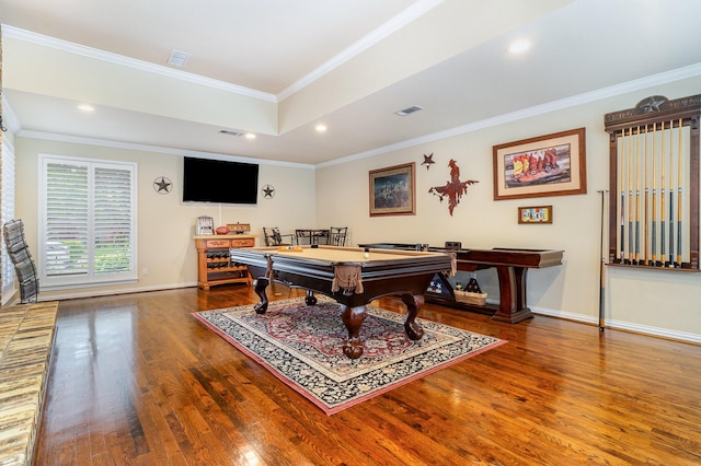 2204 Bridge View Ln, Plano, TX 75093 - playroom featuring wood finished floors, billiards table, ornamental molding, baseboards, and recessed lighting
