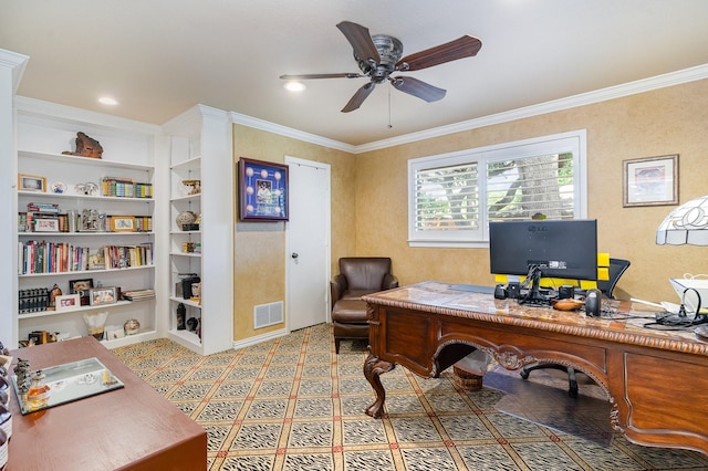 2204 Bridge View Ln, Plano, TX 75093 - home office with ceiling fan, crown molding, and built in shelves