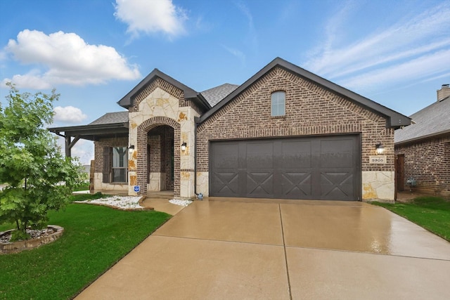 french country inspired facade featuring brick siding, an attached garage, stone siding, and driveway