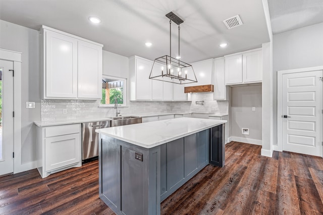 1007 Westwood, Graham, TX 76450 - kitchen with a center island, a sink, stainless steel dishwasher, visible vents, and backsplash