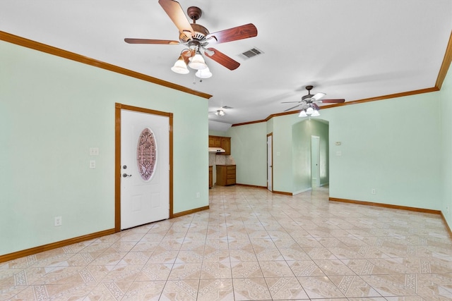 908 E Belknap St, Ennis, TX 75119 - unfurnished living room with ceiling fan, ornamental molding, baseboards, and light tile patterned flooring