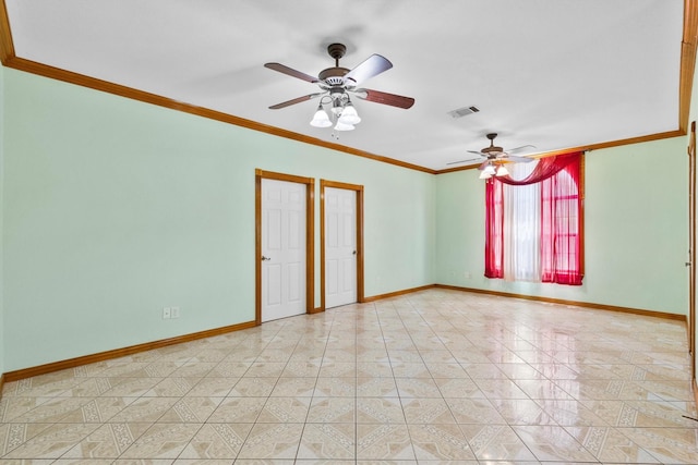 908 E Belknap St, Ennis, TX 75119 - empty room featuring a ceiling fan, baseboards, crown molding, and light tile patterned flooring